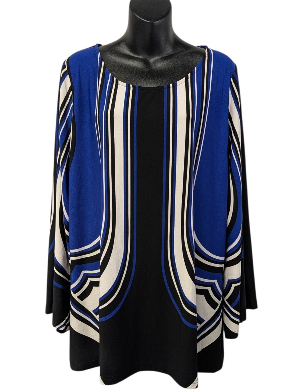 Avenue Geometric Abstract Print Tunic Top Blue Black Bell Sleeve Size 18/20